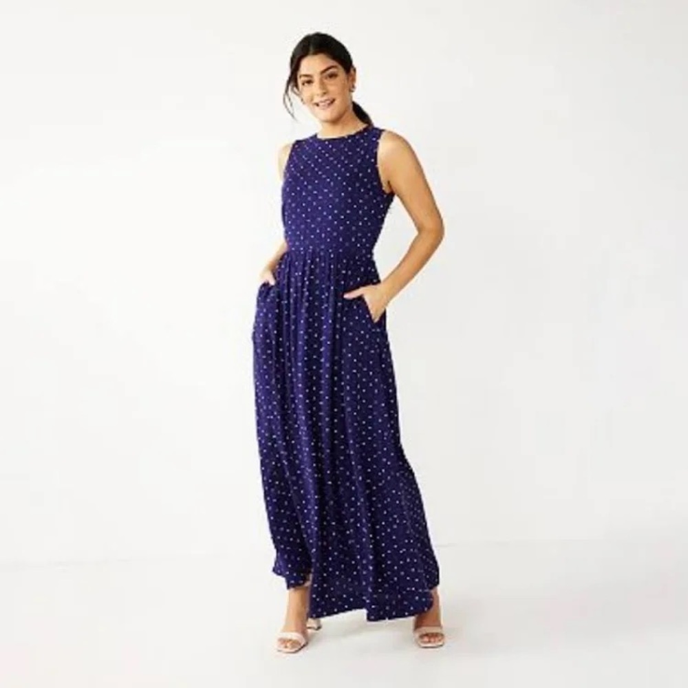 Draper James RSVP Navy Polka Dot Sleeveless Blouson Maxi Dress- Size Medium